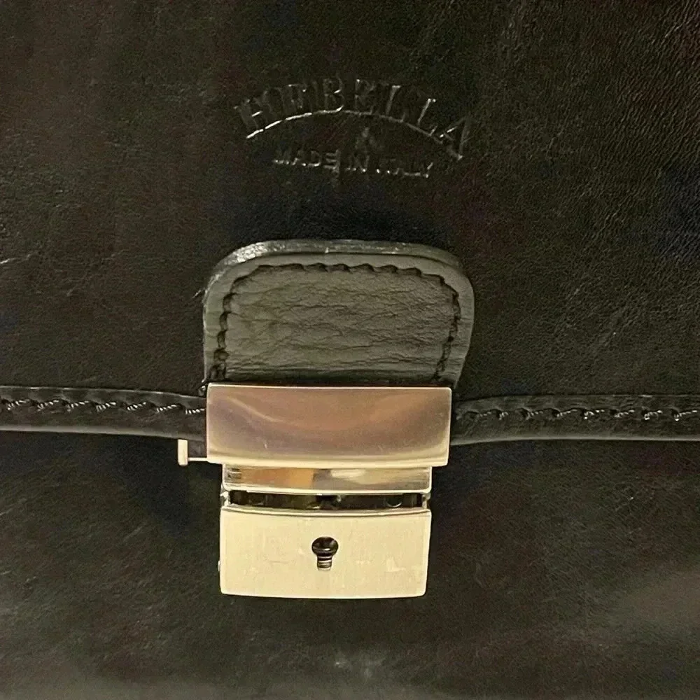 Vintage Hebella black Italian Leather gold Clasp Front Across Body laptop bag